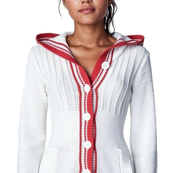 Moda International Sweaters - Moda International White and Red Hooded Cardigan in Small